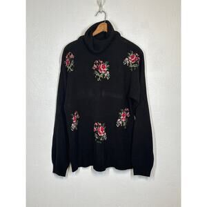 VTG AmericanWeekend Sweater L Black Turtleneck Embroidered Cottagecore Coquette